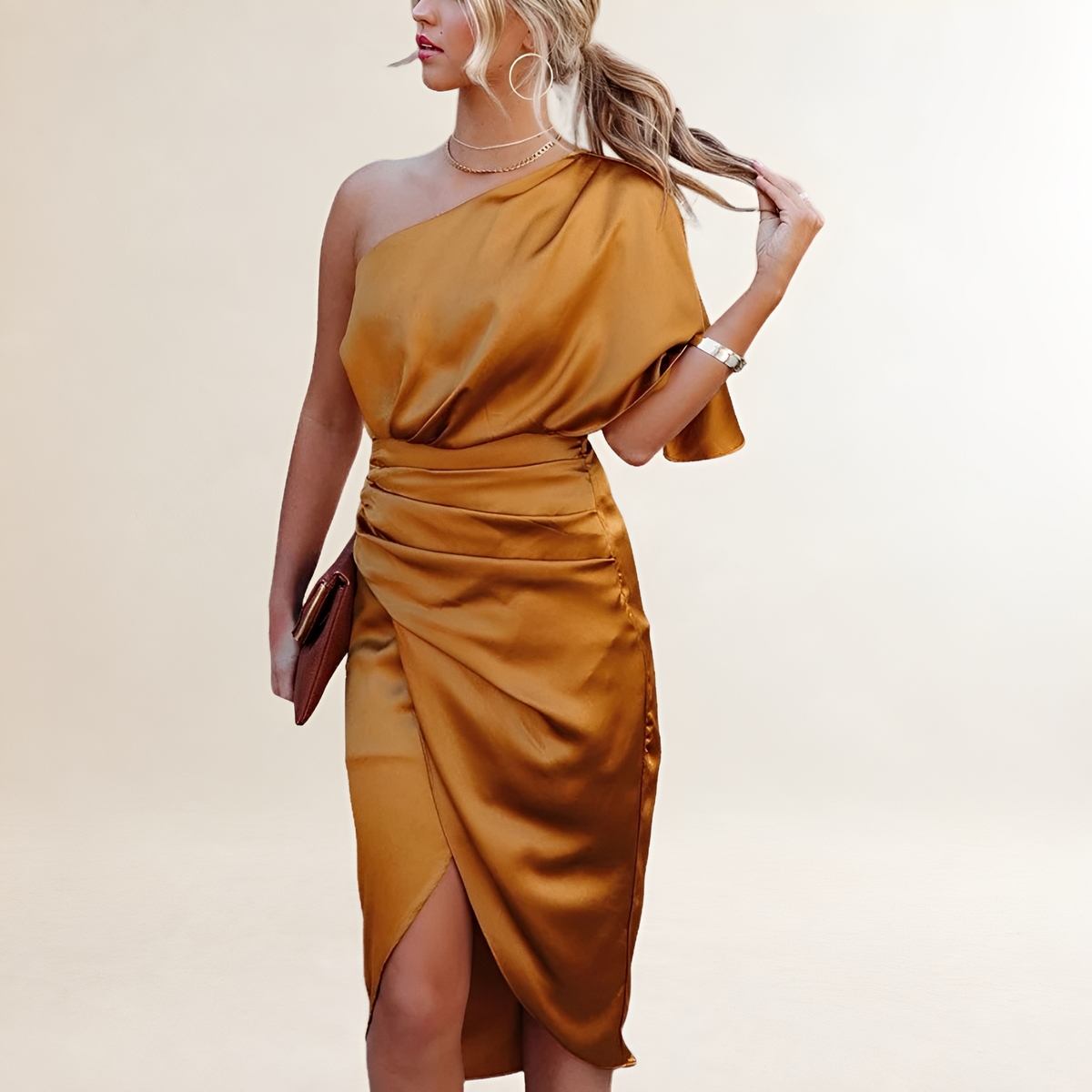 Women's One-Shoulder Midi Dress with Draped Bodice, Ruched Waist and Front Thigh Slit