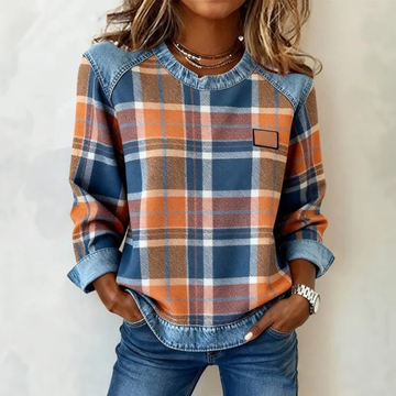 Women's Plaid Blouse with Crew Neck, Long Raglan Sleeves and Contrast Yoke and Hem - Relaxed Fit