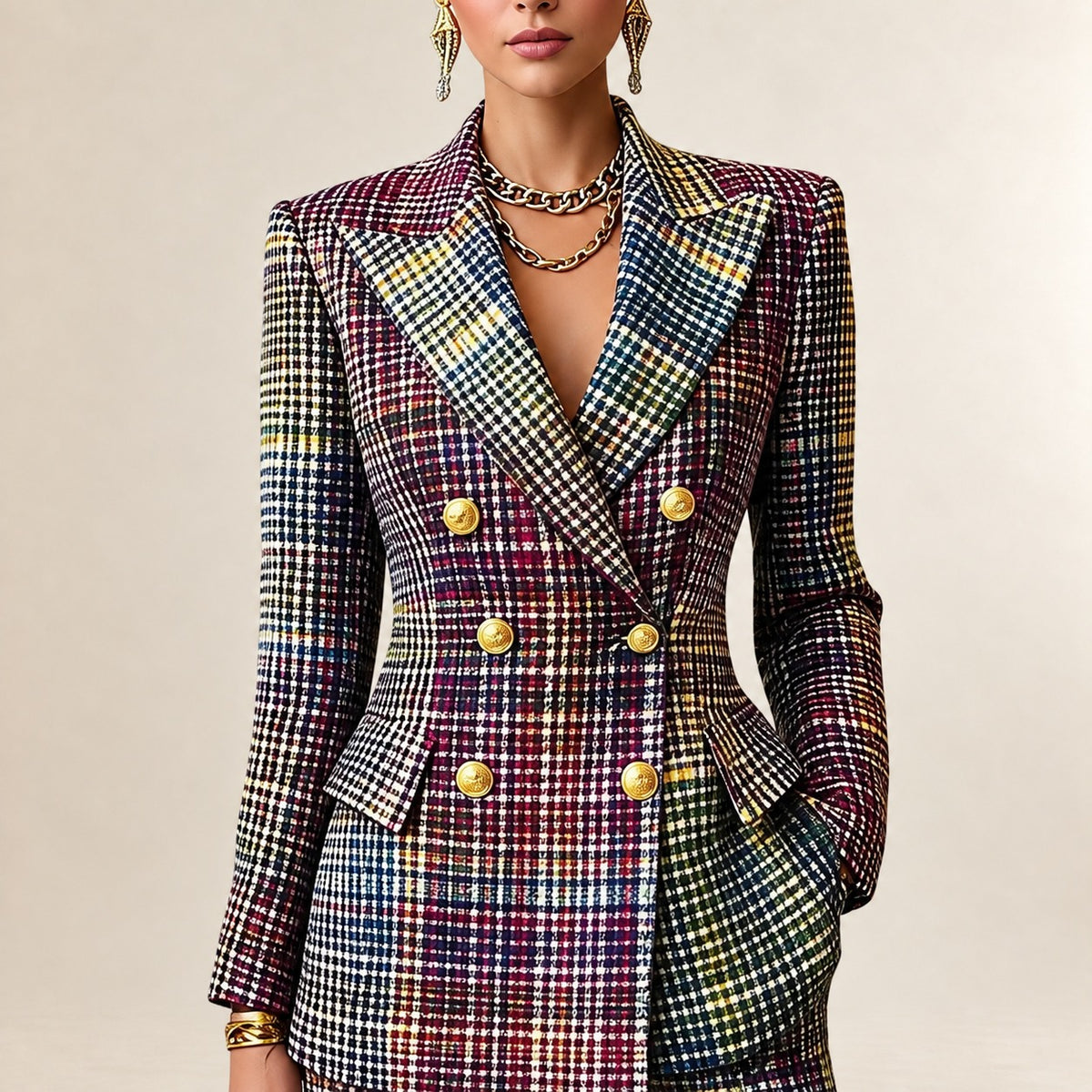 Women's Plaid Double-Breasted Suit with Tailored Blazer and Wide-Leg Trousers