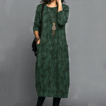 Women's Round-Neck Long-Sleeve Dress with Side Pockets, Relaxed Midi, Subtle Leaf Pattern