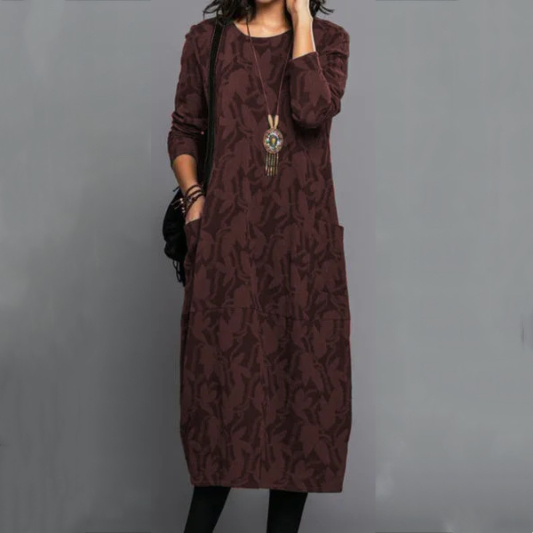 Women's Round-Neck Long-Sleeve Dress with Side Pockets, Relaxed Midi, Subtle Leaf Pattern