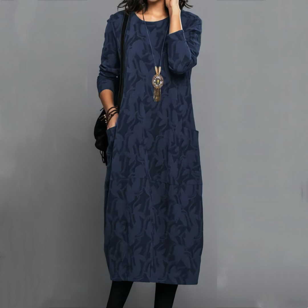Women's Round-Neck Long-Sleeve Dress with Side Pockets, Relaxed Midi, Subtle Leaf Pattern