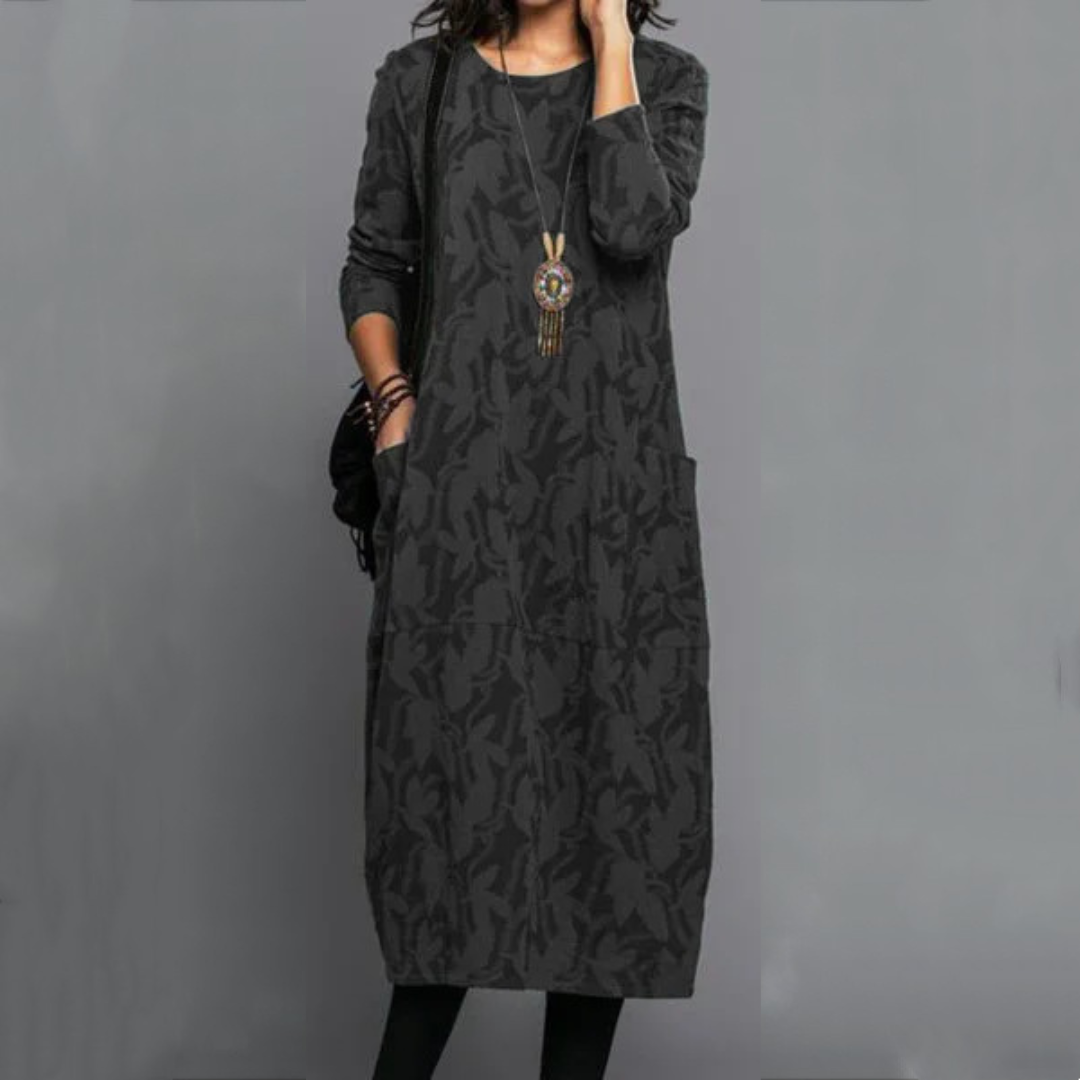 Women's Round-Neck Long-Sleeve Dress with Side Pockets, Relaxed Midi, Subtle Leaf Pattern