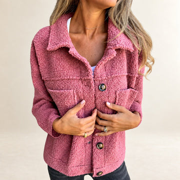 Women's short button-front textured jacket with lapel collar and patch pockets, relaxed fit