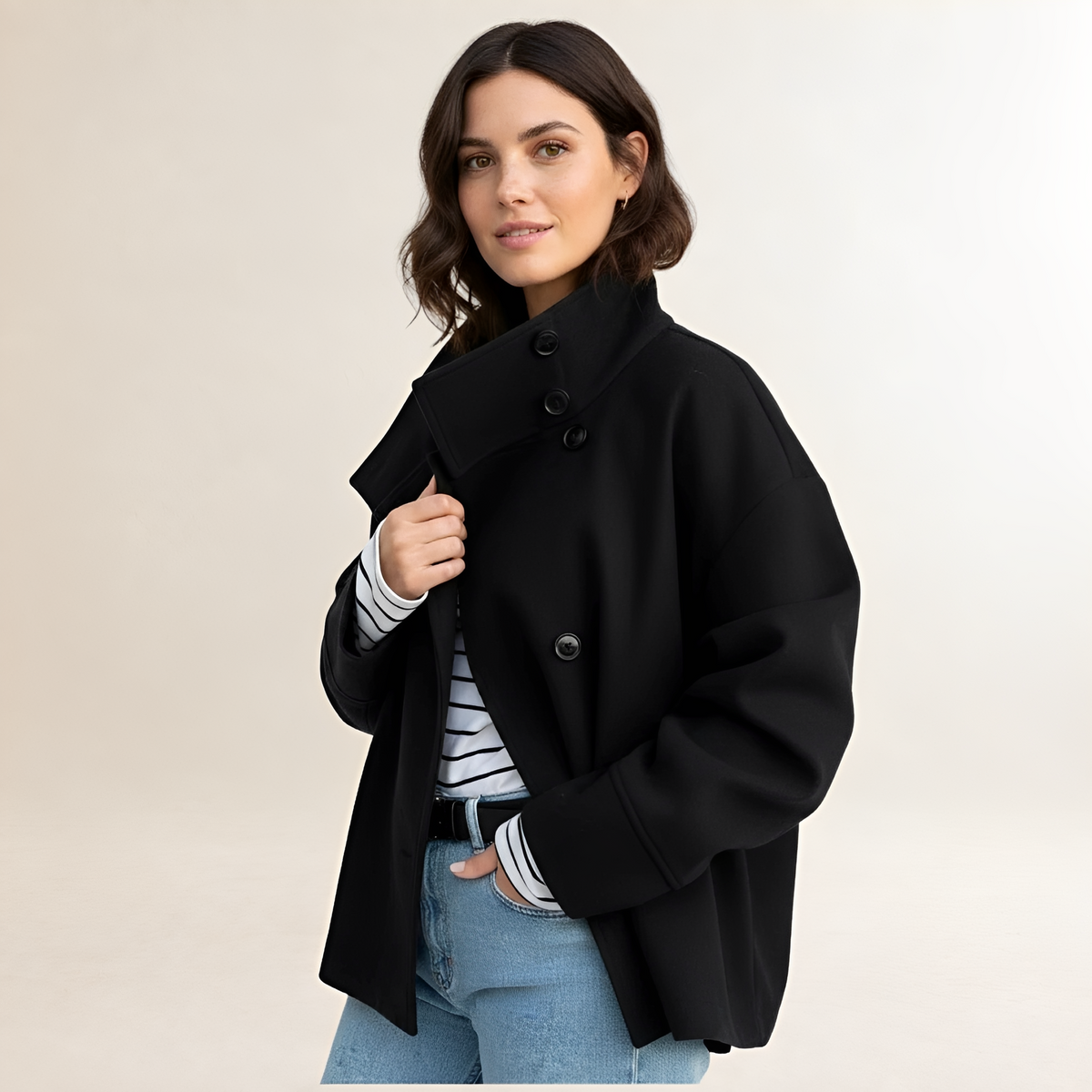 Women's Short Jacket - High Collar, Double Button Closure, Relaxed Fit