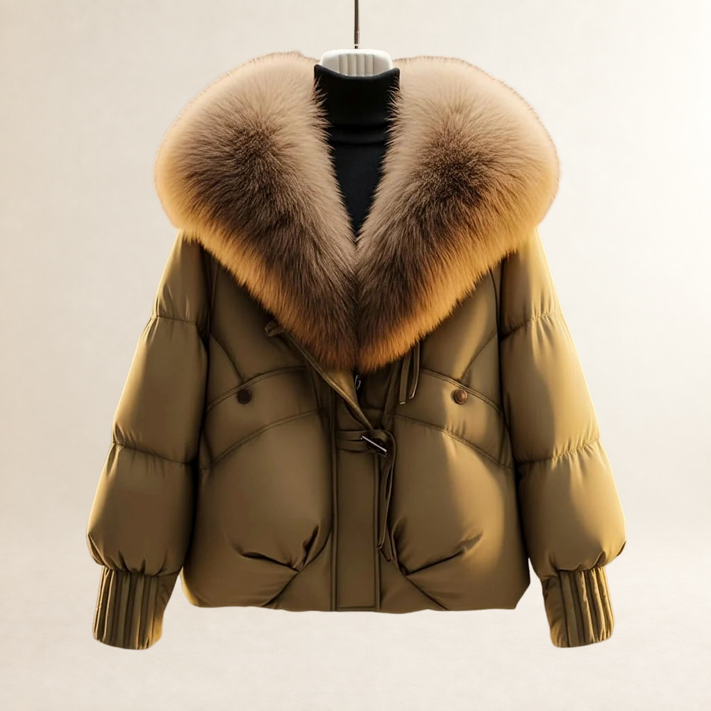 Women's Short Quilted Puffer Coat with Oversized Statement Collar, Adjustable Waist Belt and Ribbed Cuffs