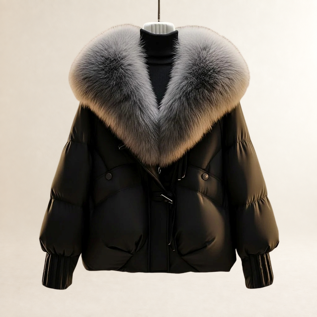 Women's Short Quilted Puffer Coat with Oversized Statement Collar, Adjustable Waist Belt and Ribbed Cuffs