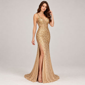 Women's sleeveless evening gown V-neck, fitted mermaid silhouette, thigh-high side slit, embellished bodice