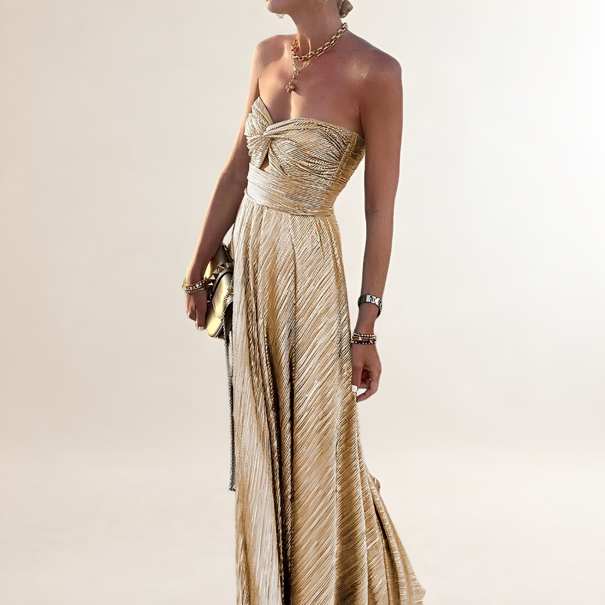 Women's Strapless Maxi Dress with Twist-Front Sweetheart Neckline and Keyhole Cutout, Pleated A-Line Skirt