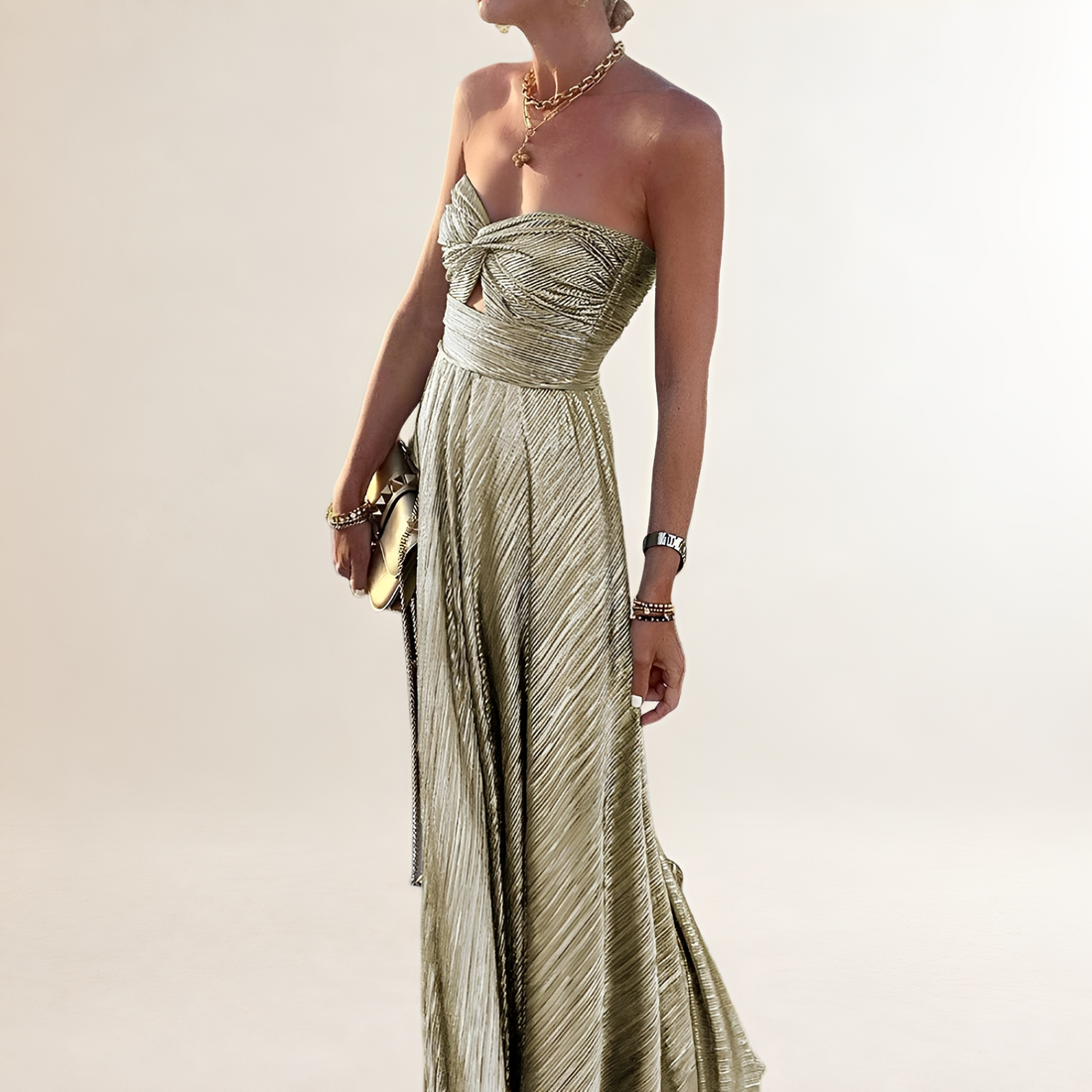Women's Strapless Maxi Dress with Twist-Front Sweetheart Neckline and Keyhole Cutout, Pleated A-Line Skirt