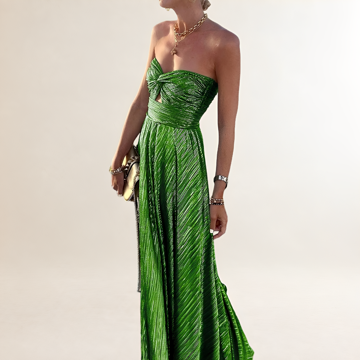 Women's Strapless Maxi Dress with Twist-Front Sweetheart Neckline and Keyhole Cutout, Pleated A-Line Skirt