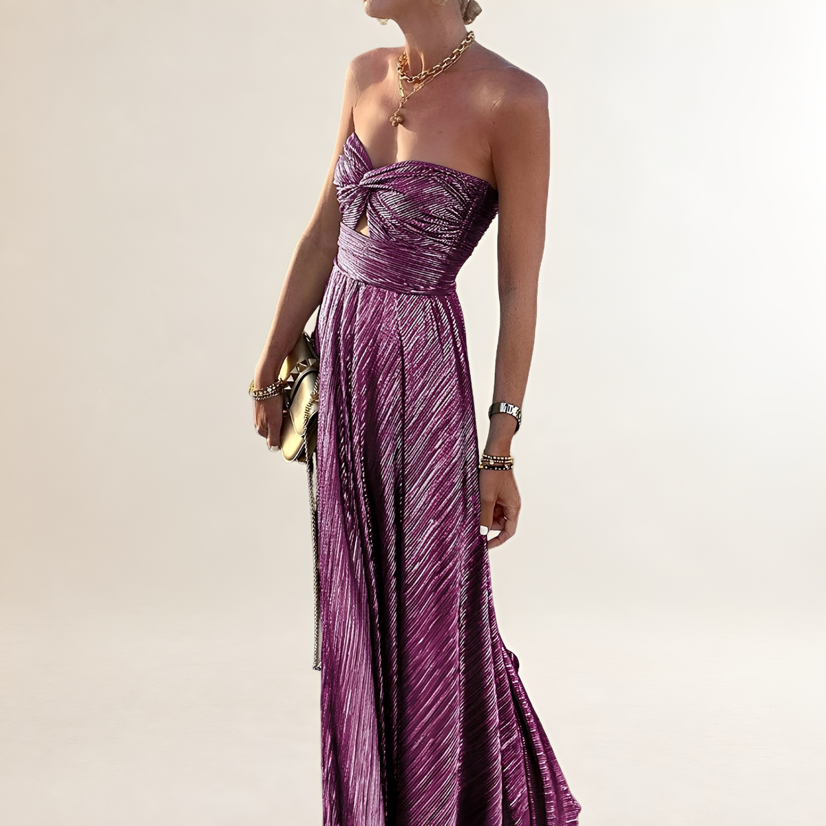 Women's Strapless Maxi Dress with Twist-Front Sweetheart Neckline and Keyhole Cutout, Pleated A-Line Skirt