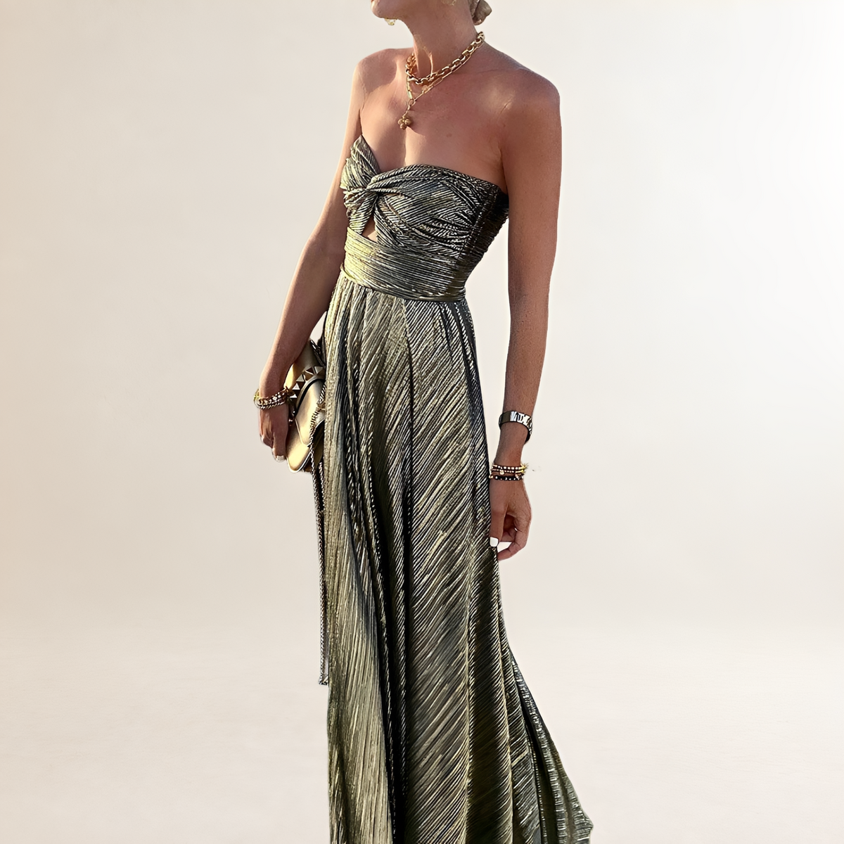 Women's Strapless Maxi Dress with Twist-Front Sweetheart Neckline and Keyhole Cutout, Pleated A-Line Skirt