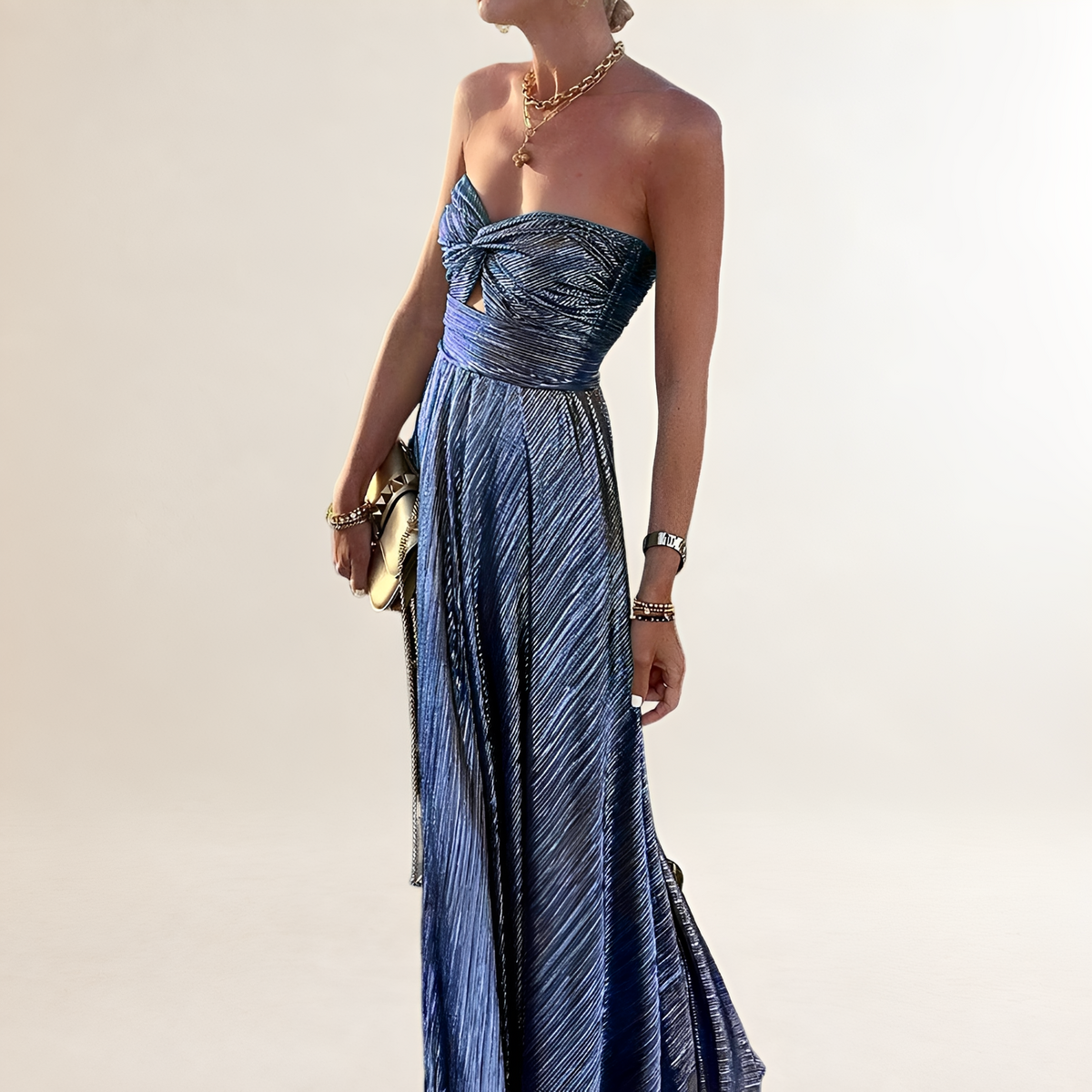 Women's Strapless Maxi Dress with Twist-Front Sweetheart Neckline and Keyhole Cutout, Pleated A-Line Skirt