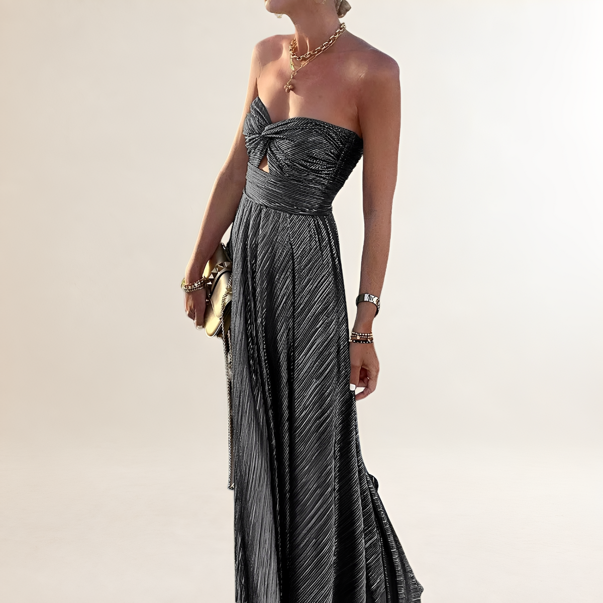 Women's Strapless Maxi Dress with Twist-Front Sweetheart Neckline and Keyhole Cutout, Pleated A-Line Skirt