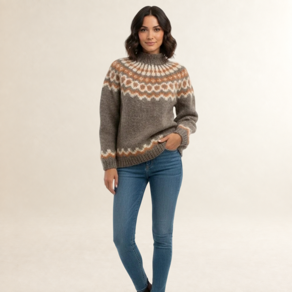 Women's Sweater - Nordic Pattern, High Neck, Relaxed Fit
