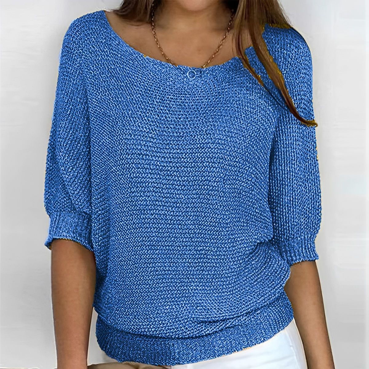 Women's Sweater Round Neck 3/4 Sleeve Relaxed Fit with Banded Hem and Elastic Cuffs