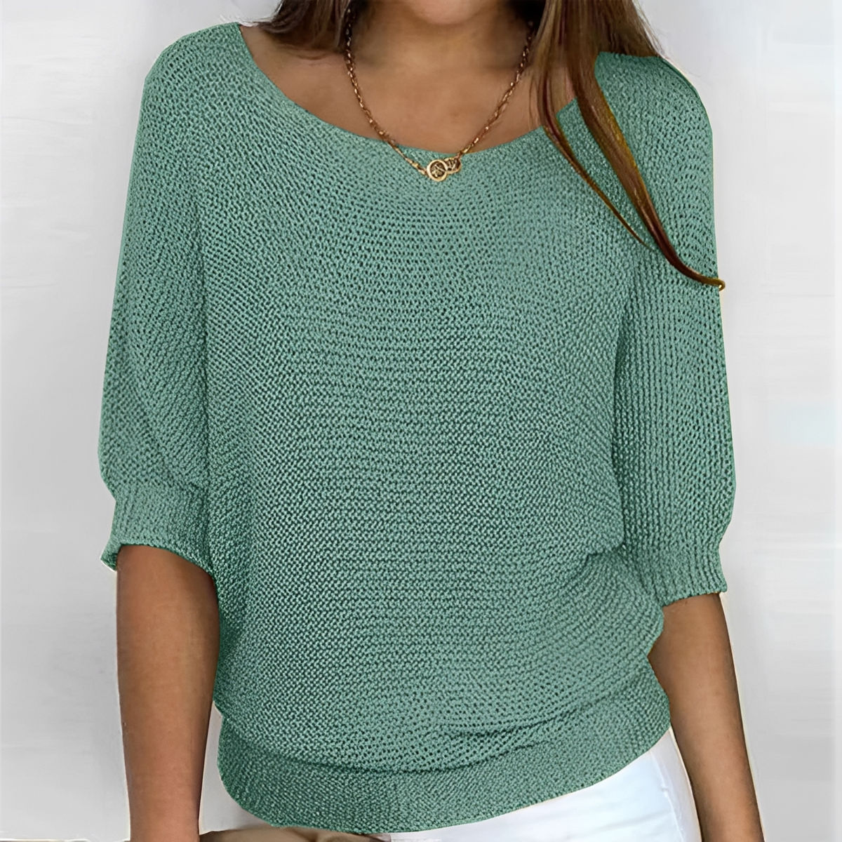 Women's Sweater Round Neck 3/4 Sleeve Relaxed Fit with Banded Hem and Elastic Cuffs