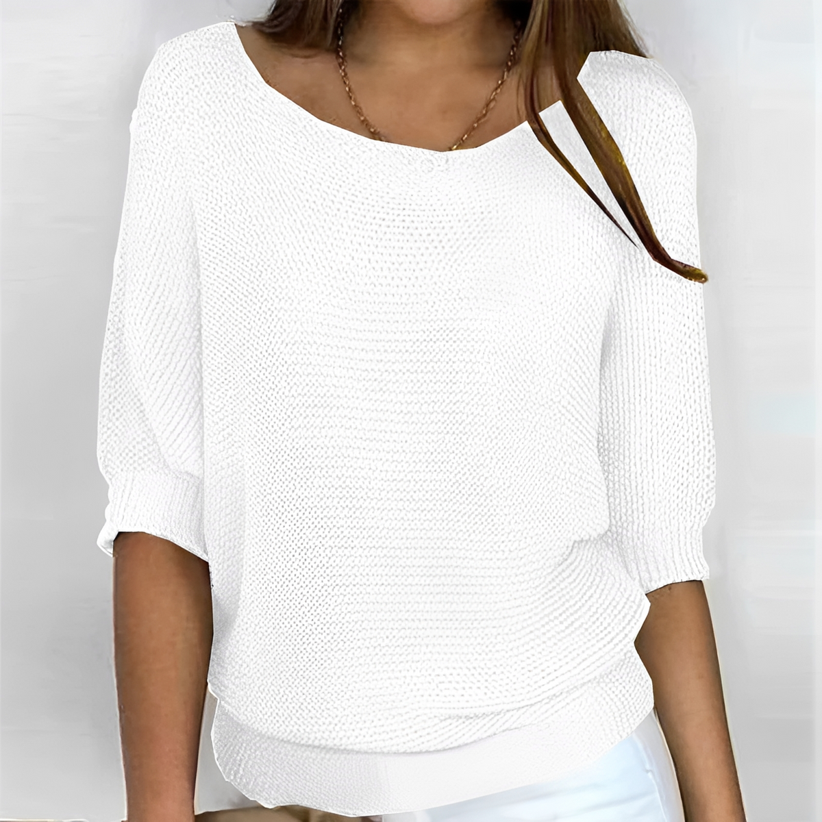 Women's Sweater Round Neck 3/4 Sleeve Relaxed Fit with Banded Hem and Elastic Cuffs