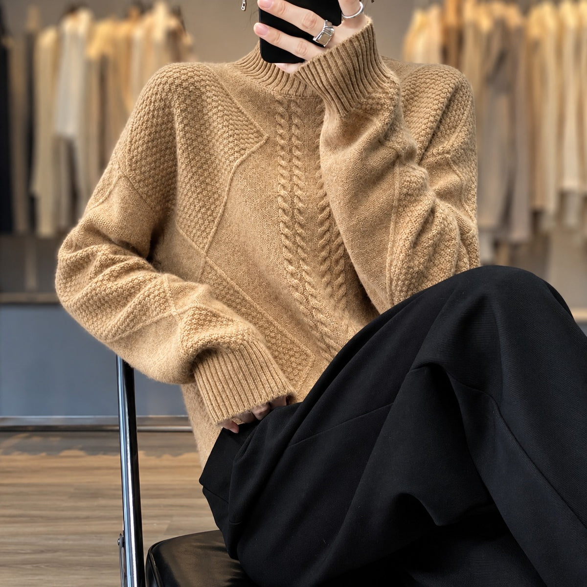 Women's Sweater Turtleneck - Textured Design, Relaxed Fit