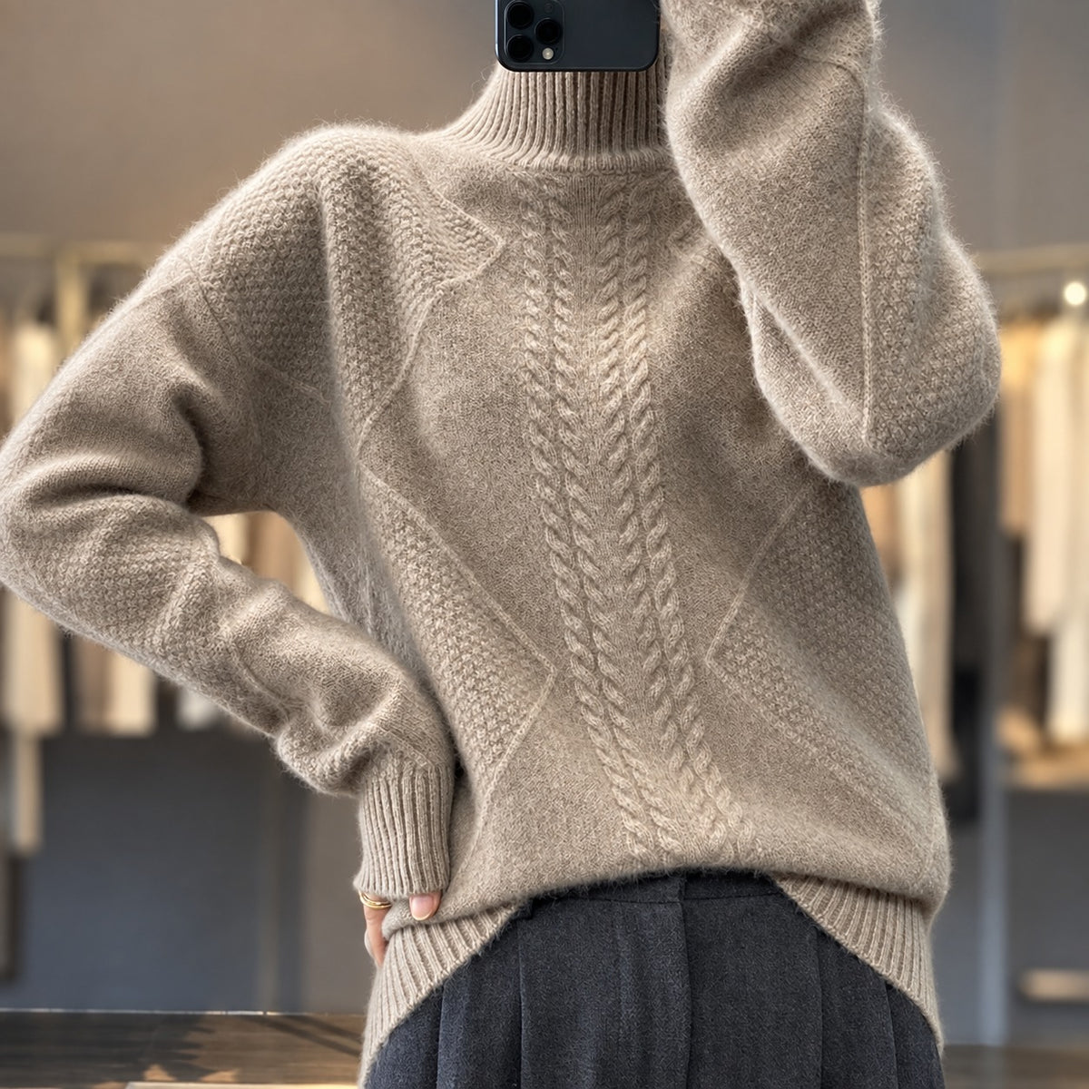 Women's Sweater Turtleneck - Textured Design, Relaxed Fit