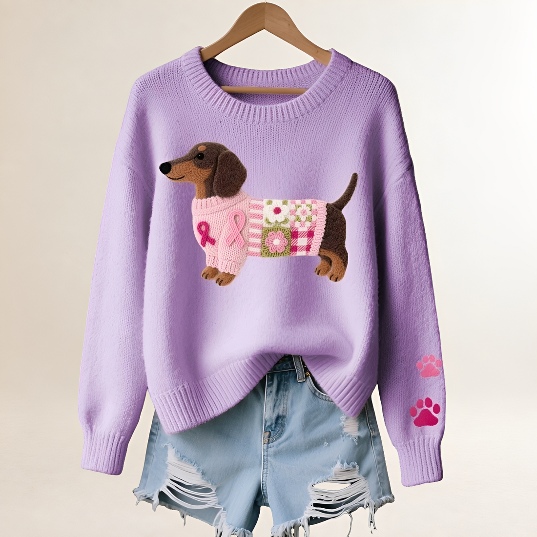 Women's Sweater with Dachshund Design - V-Neck, Relaxed Fit, Playful Patchwork