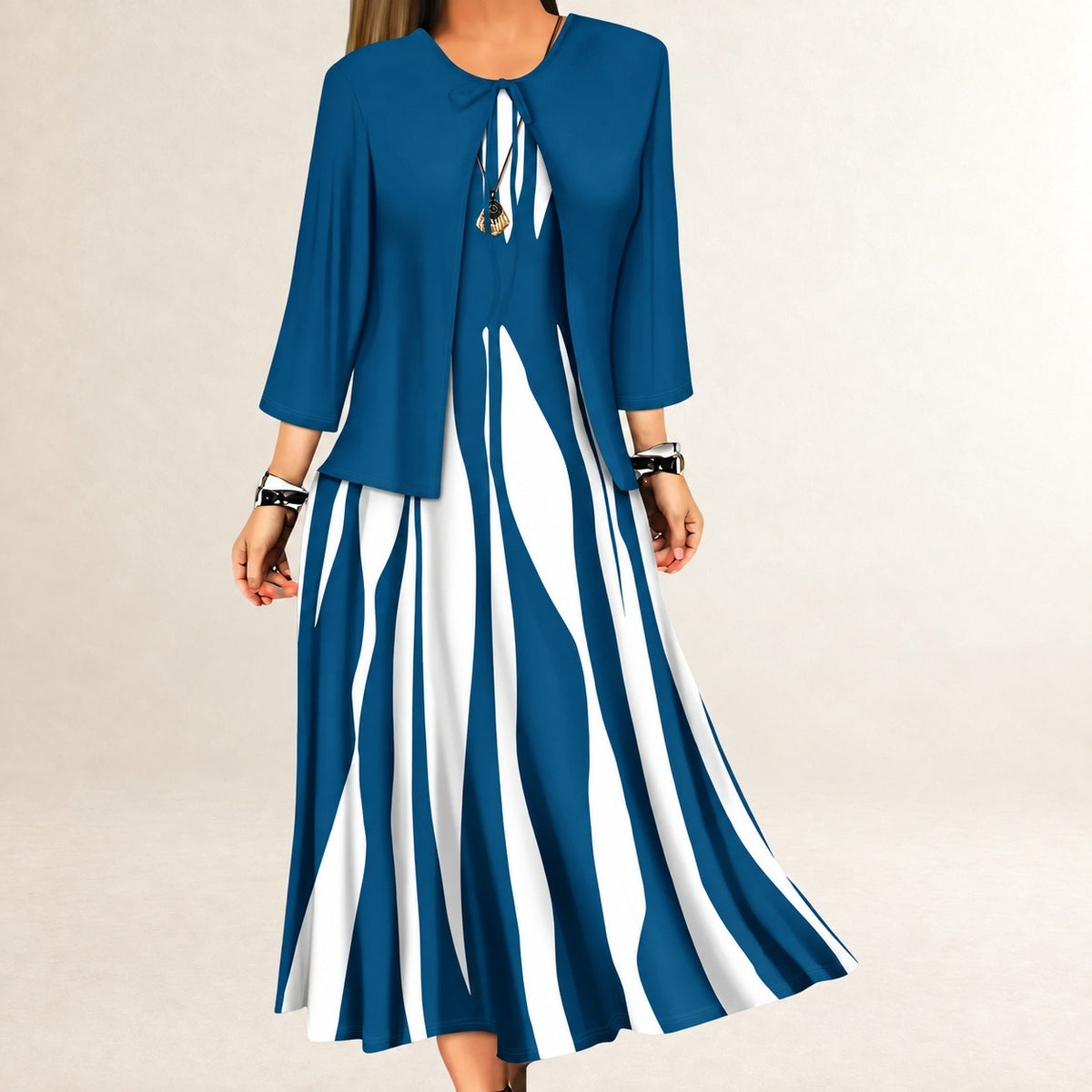 Women's Two-Piece Dress Set - Sleeveless A-line Maxi Dress with Open Three-Quarter Sleeve Jacket, Wavy Vertical-Stripe Pattern