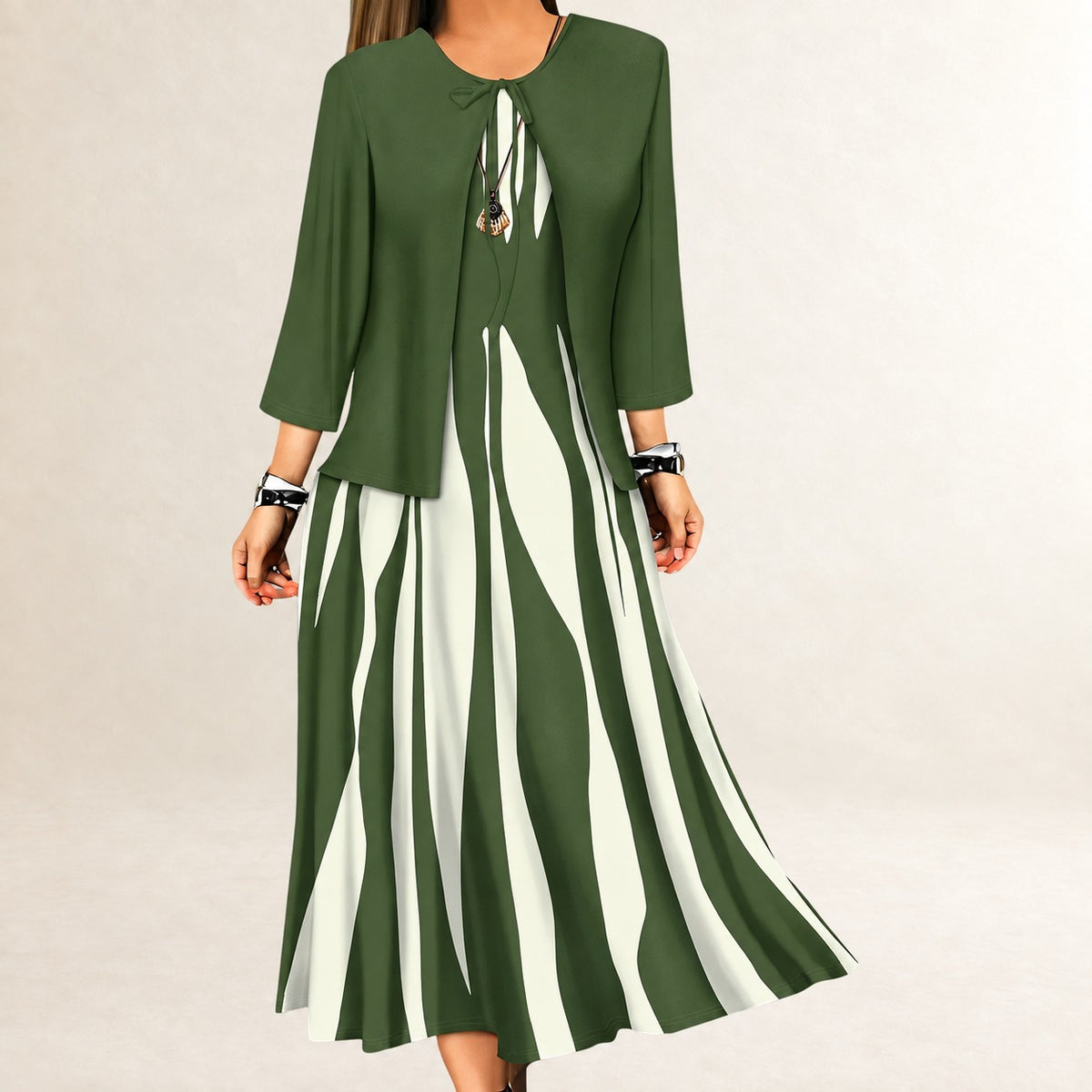Women's Two-Piece Dress Set - Sleeveless A-line Maxi Dress with Open Three-Quarter Sleeve Jacket, Wavy Vertical-Stripe Pattern