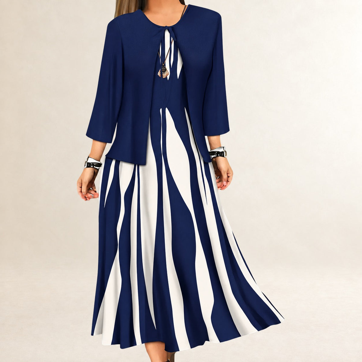 Women's Two-Piece Dress Set - Sleeveless A-line Maxi Dress with Open Three-Quarter Sleeve Jacket, Wavy Vertical-Stripe Pattern