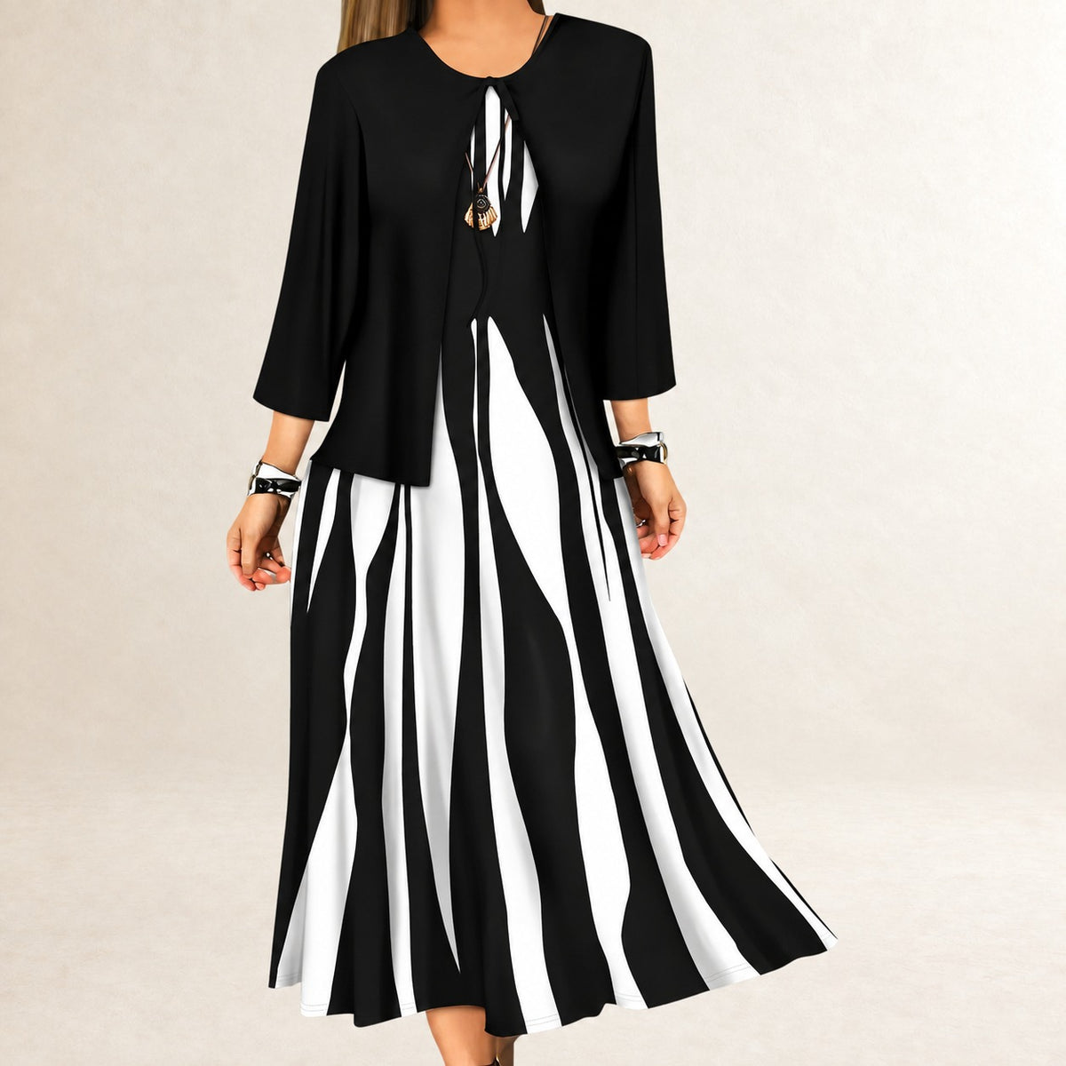 Women's Two-Piece Dress Set - Sleeveless A-line Maxi Dress with Open Three-Quarter Sleeve Jacket, Wavy Vertical-Stripe Pattern