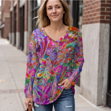 Women's V-neck Floral Blouse, Relaxed Fit Short Sleeve with Side Slit Hem