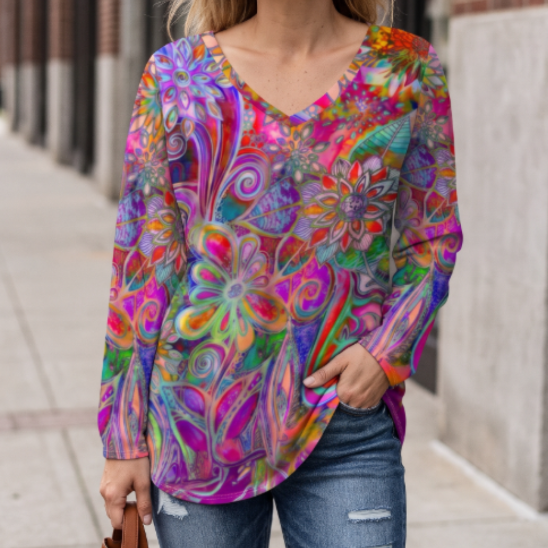 Women's V-neck Floral Blouse, Relaxed Fit Short Sleeve with Side Slit Hem
