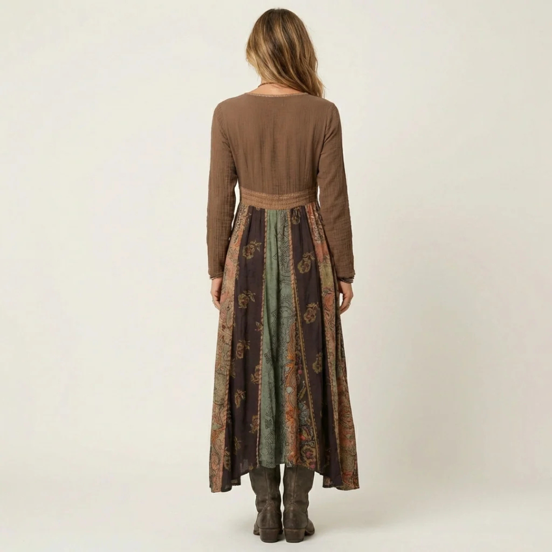 Women's V-neck Long-Sleeve Midi Dress with Patchwork Panel Skirt, Empire Waist, Relaxed Fit