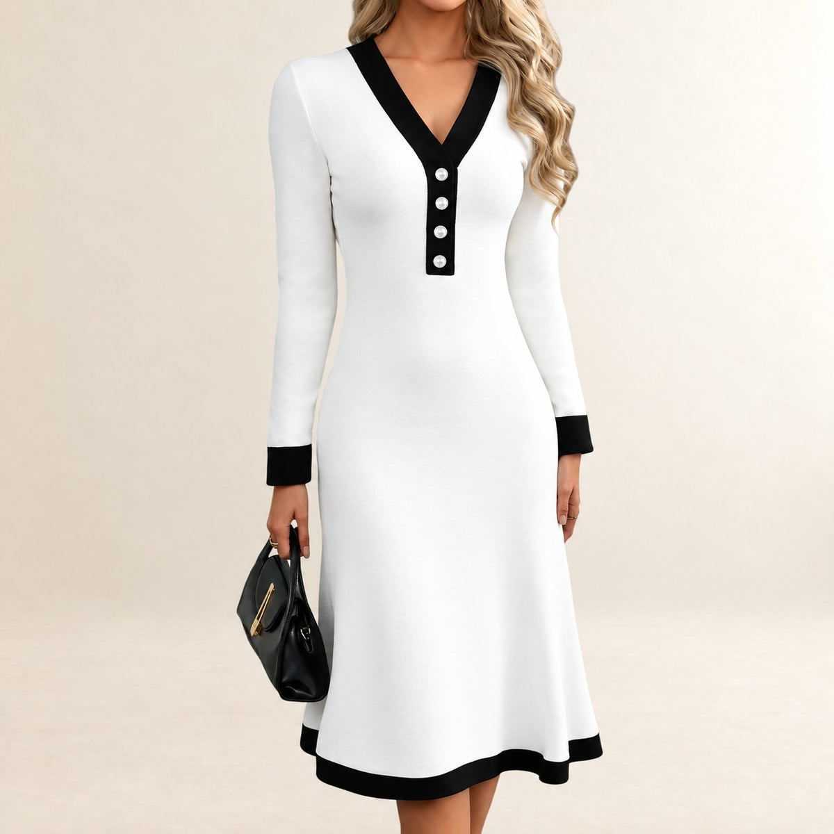 Women's V-neck Midi Dress Long Sleeve Button Placket Contrast Trim A-line with Pockets