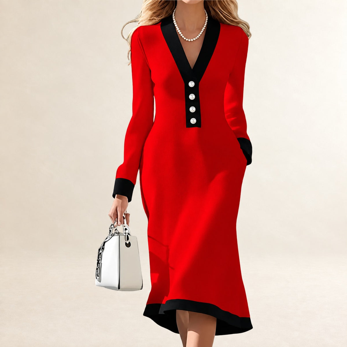 Women's V-neck Midi Dress Long Sleeve Button Placket Contrast Trim A-line with Pockets