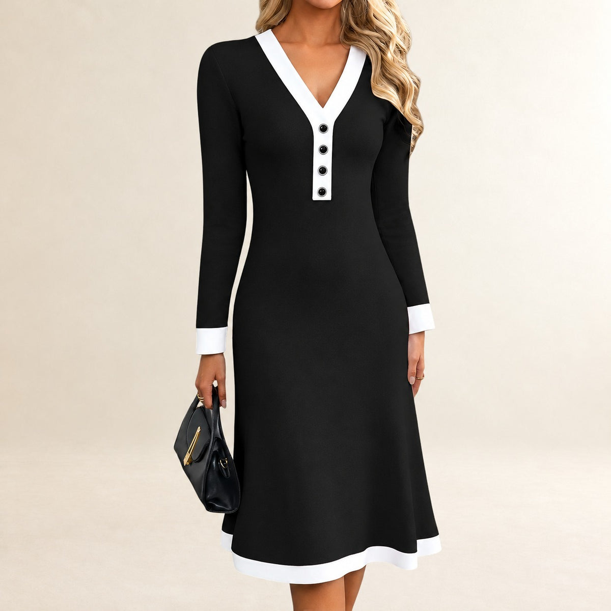 Women's V-neck Midi Dress Long Sleeve Button Placket Contrast Trim A-line with Pockets