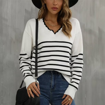 Women's V-neck Sweater with Scalloped Trim, Striped, Long Sleeve, Relaxed Fit