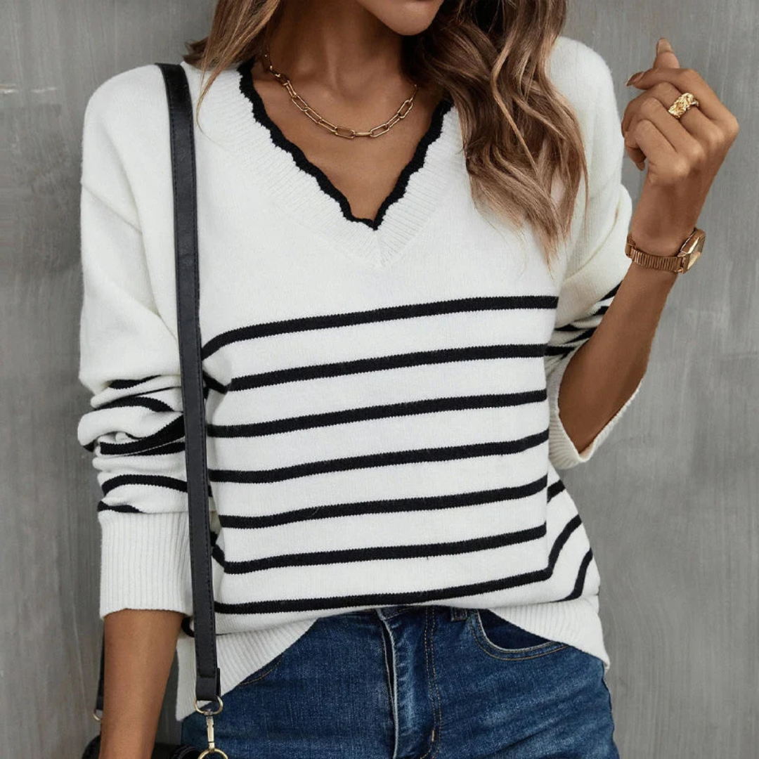 Women's V-neck Sweater with Scalloped Trim, Striped, Long Sleeve, Relaxed Fit