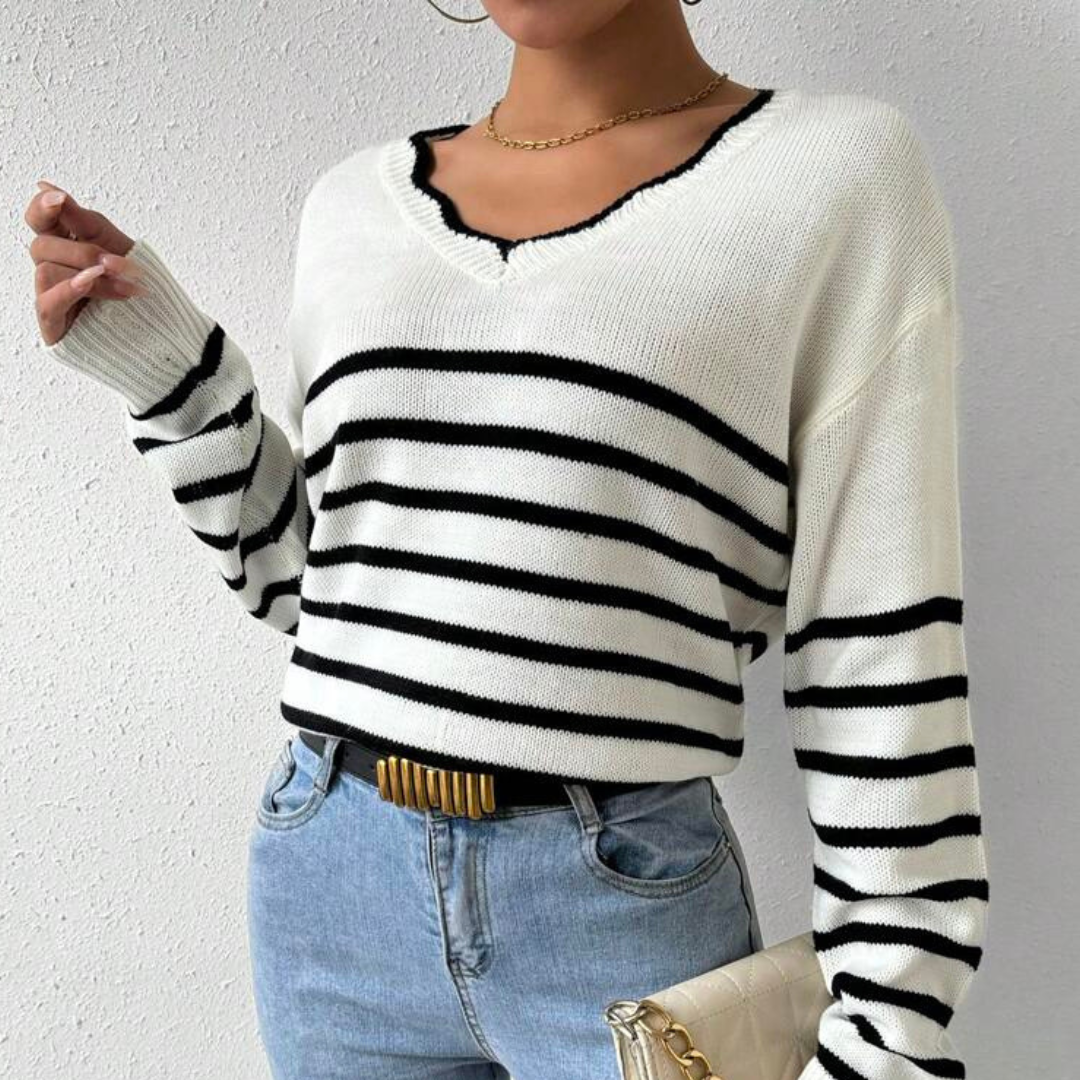 Women's V-neck Sweater with Scalloped Trim, Striped, Long Sleeve, Relaxed Fit