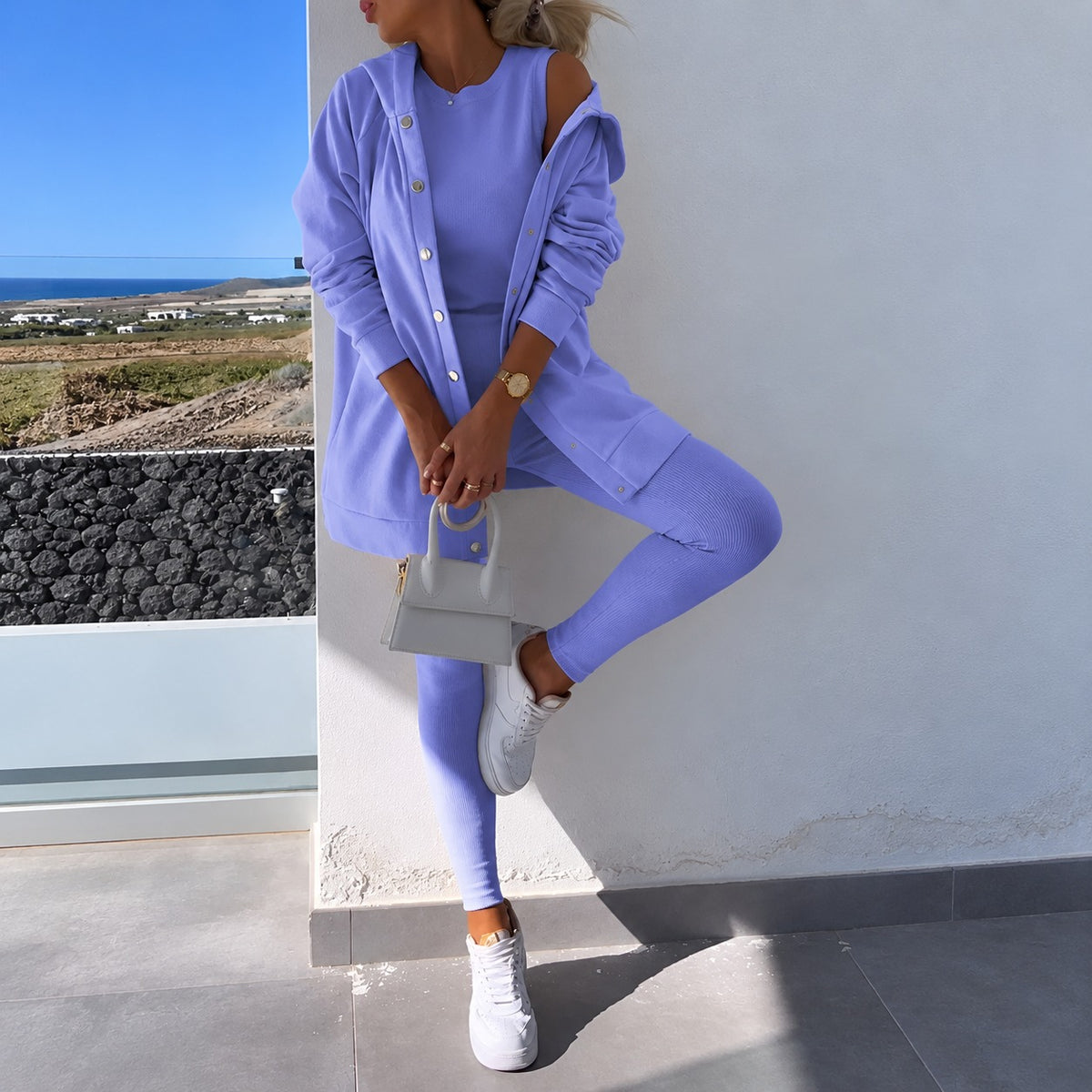 Women Set - Long Sleeve Cardigan with Button Closure and Fitted Leggings