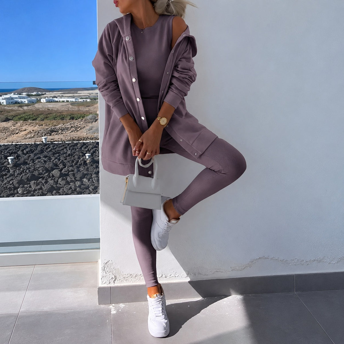 Women Set - Long Sleeve Cardigan with Button Closure and Fitted Leggings