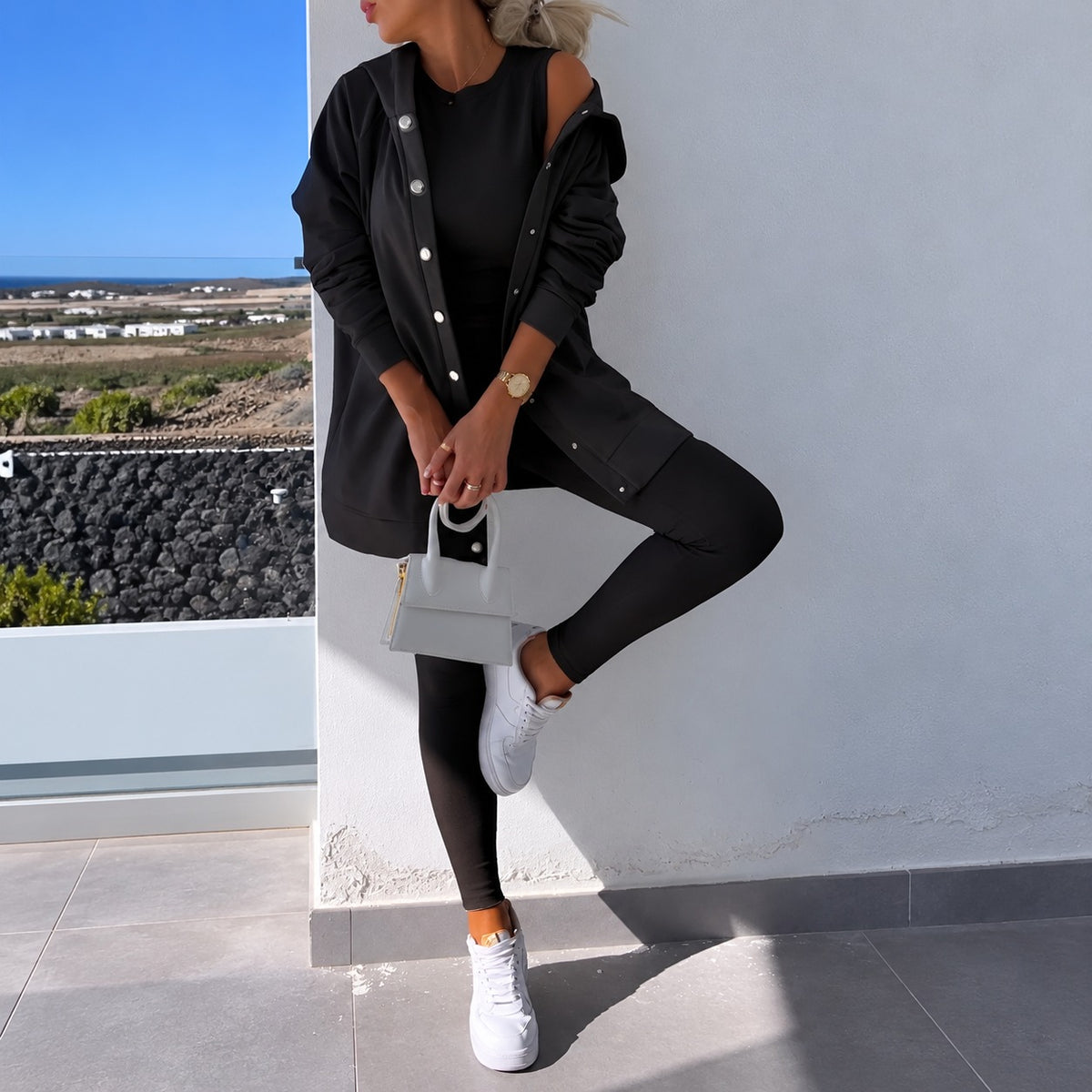 Women Set - Long Sleeve Cardigan with Button Closure and Fitted Leggings