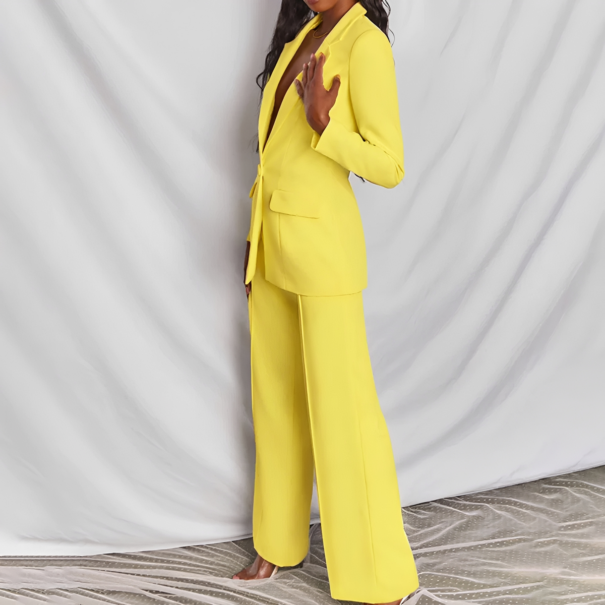 Women Suit Set Blazer and Wide Leg Pants - Tailored Fit with Notched Lapel
