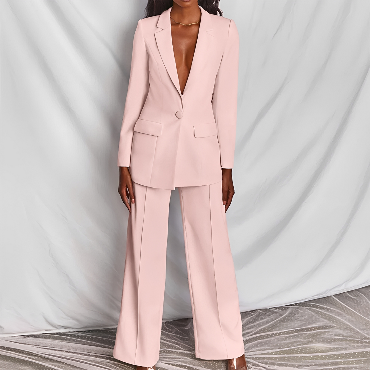 Women Suit Set Blazer and Wide Leg Pants - Tailored Fit with Notched Lapel