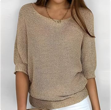 Women Sweater Off-Shoulder Pullover with 3/4 Sleeves - Relaxed Fit