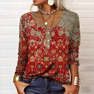 Women Sweater Seasonal Floral Print Long Sleeve Henley Top