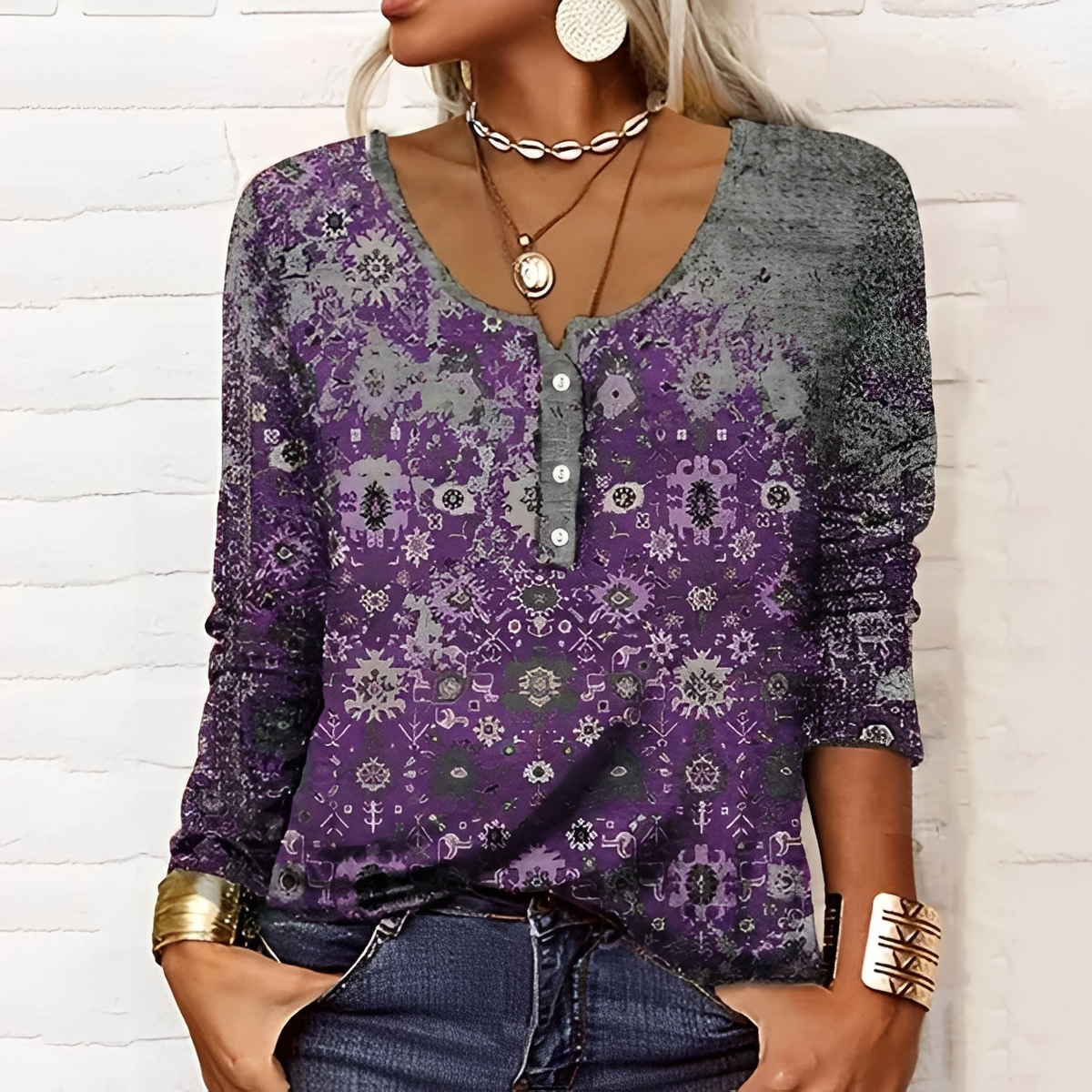 Women Sweater Seasonal Floral Print Long Sleeve Henley Top