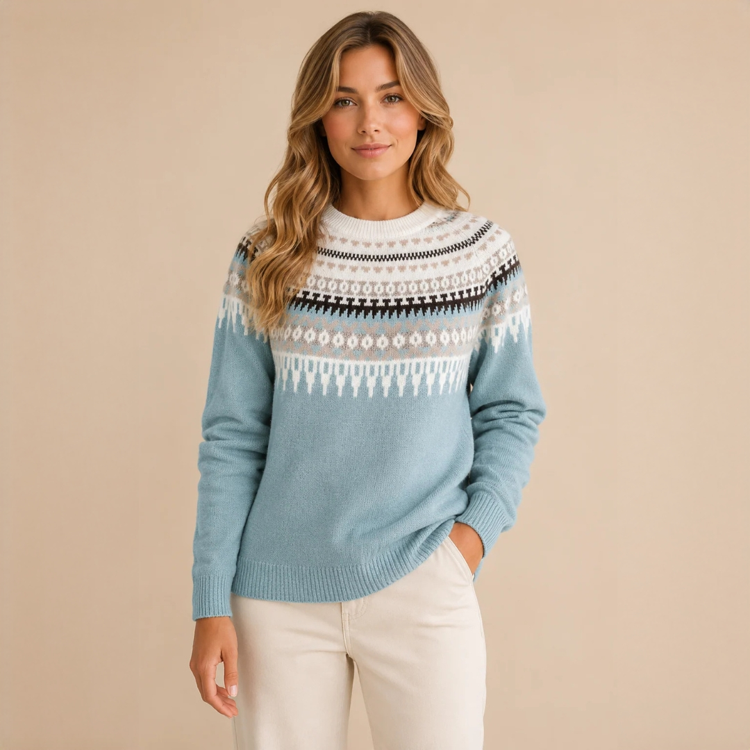 Women Sweater Seasonal High Neck Pullover with Decorative Pattern - Relaxed Fit