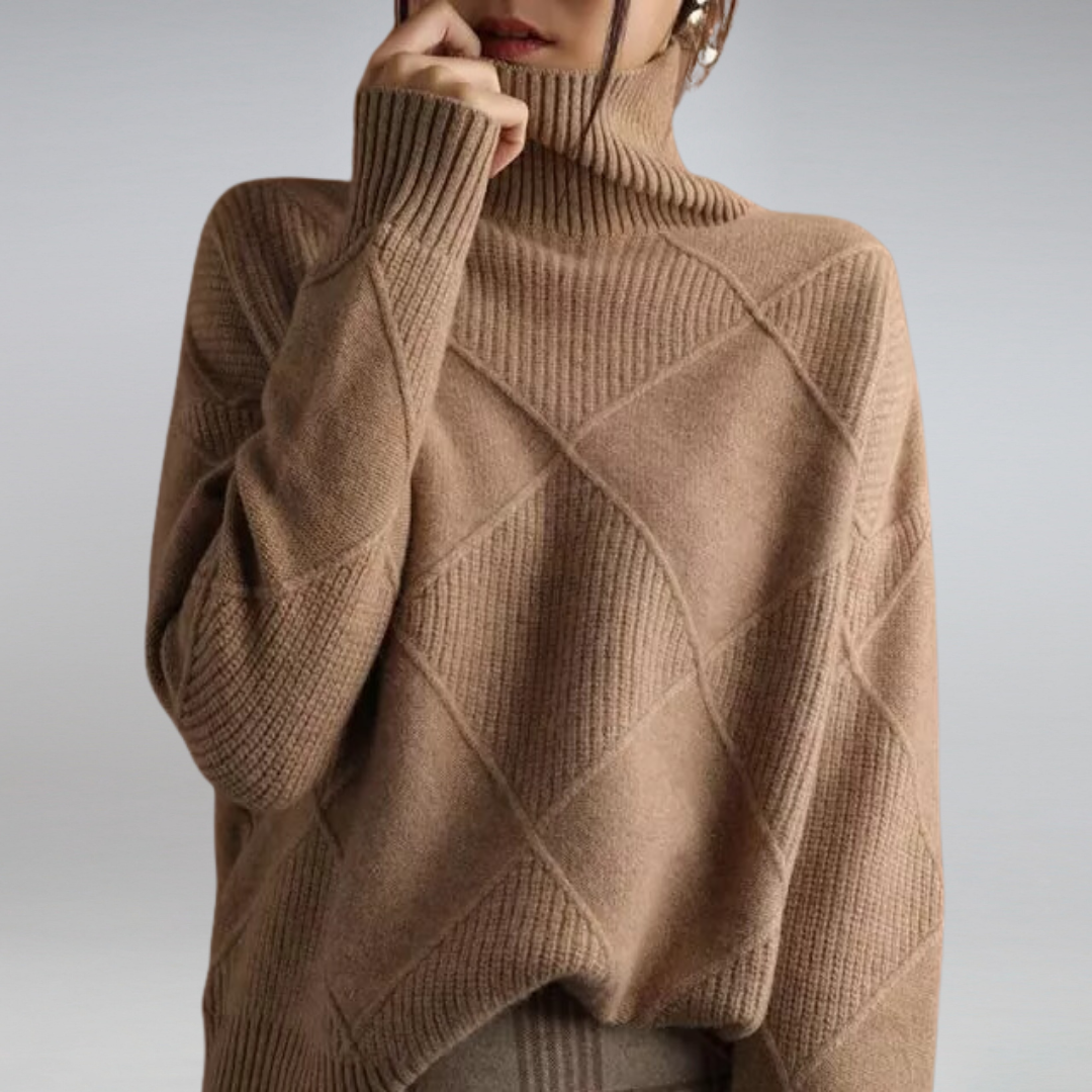 Women Sweater Seasonal High Neck Pullover with Diamond Pattern and Relaxed Fit