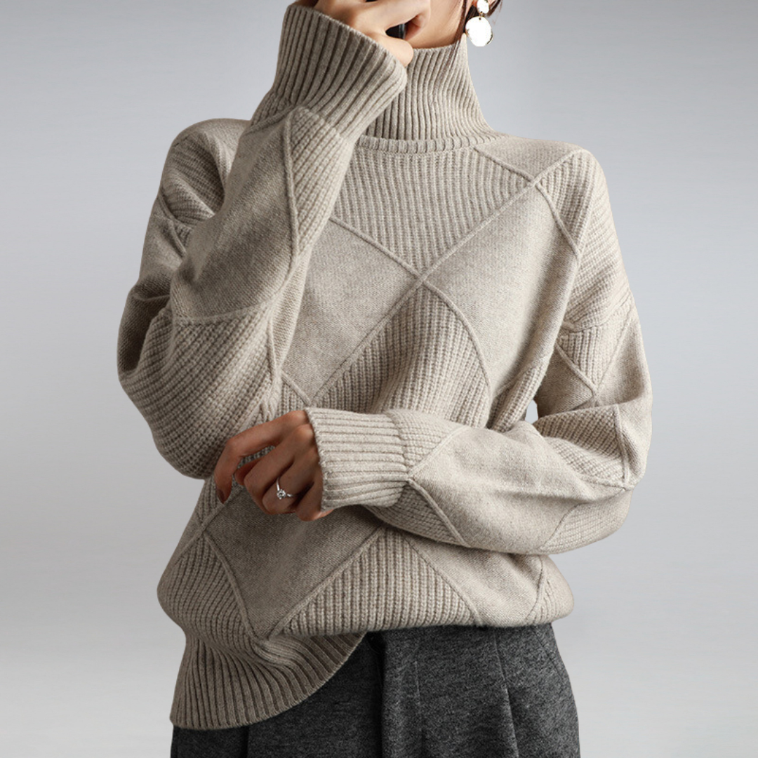 Women Sweater Seasonal High Neck Pullover with Diamond Pattern and Relaxed Fit